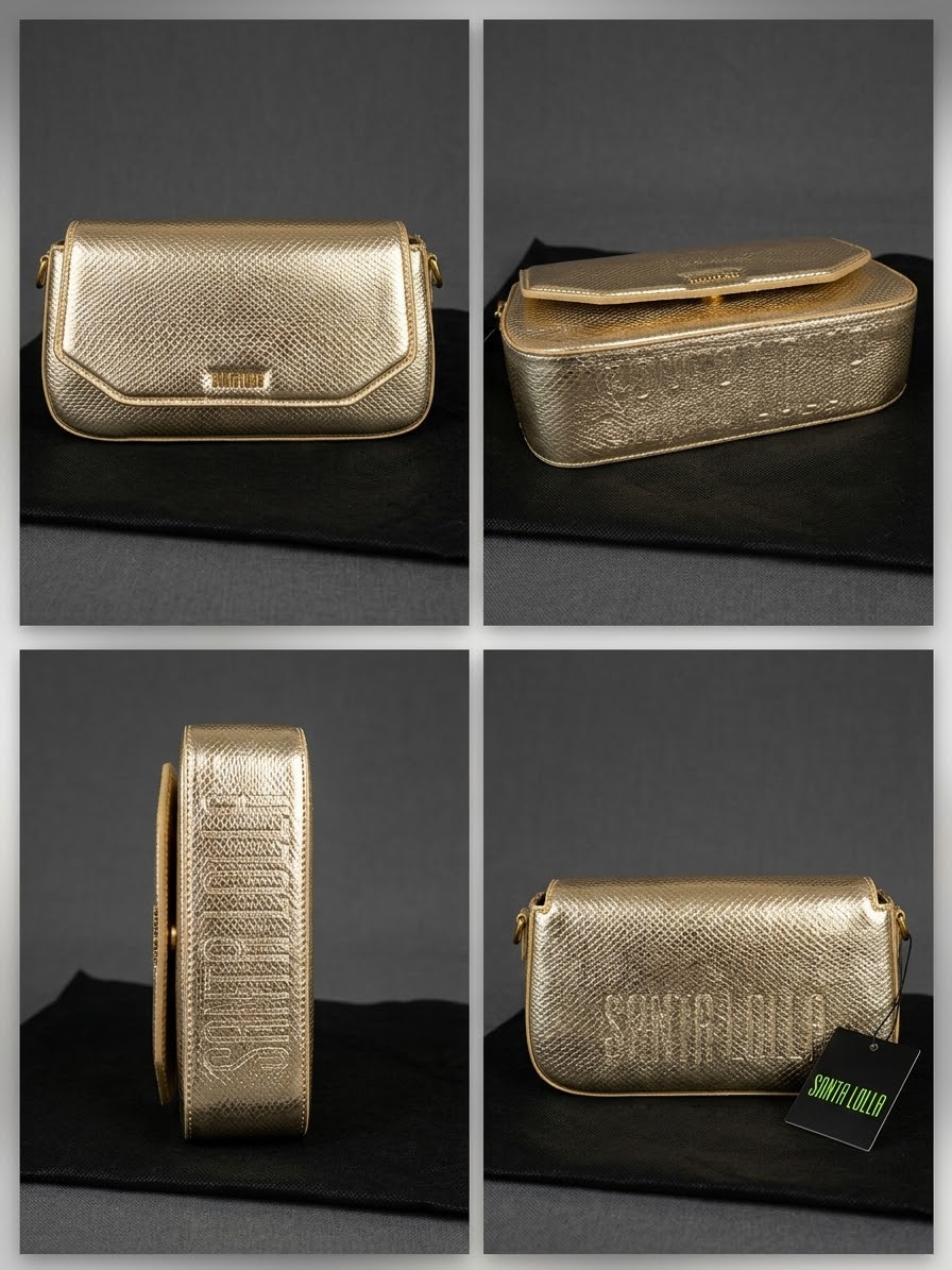 Bolsa dourada Santa Lolla em diferentes ângulos
