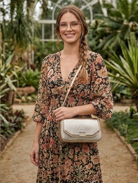 Bolsa dourada Santa Lolla em uma modelo em ambiente externo